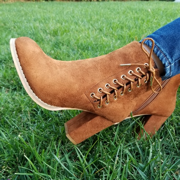 Shoes - Brown Vegan Suede Ankle Booties Side Laced Up